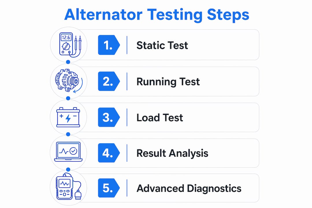 Infographic outlining step-by-step alternator testing procedure