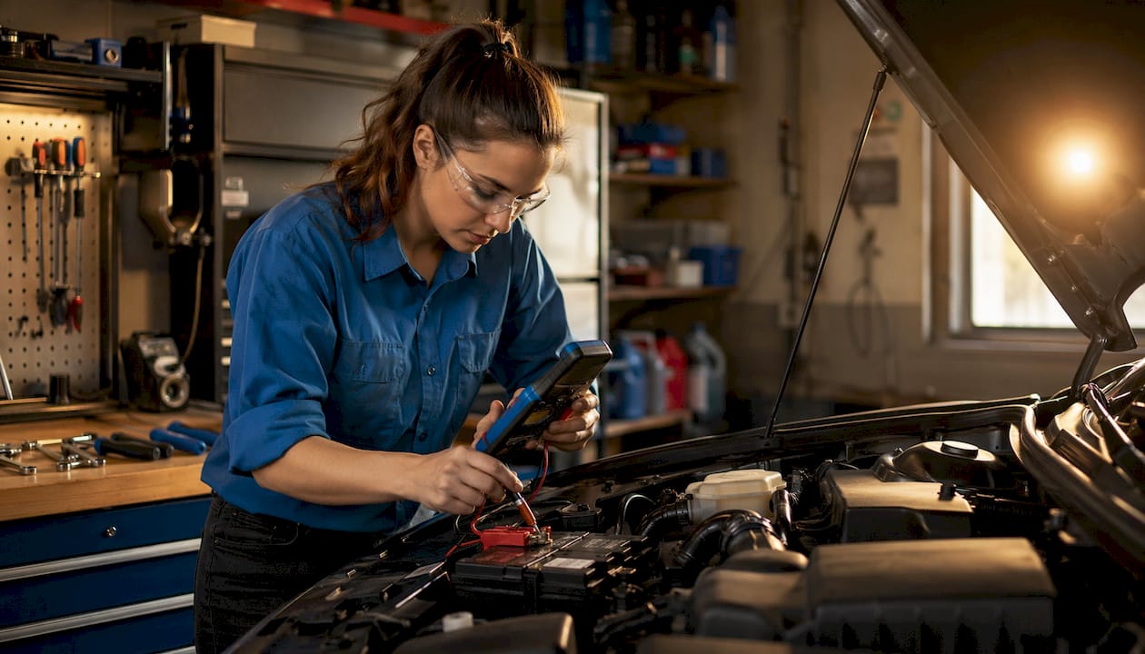 Hands using multimeter on car battery terminals