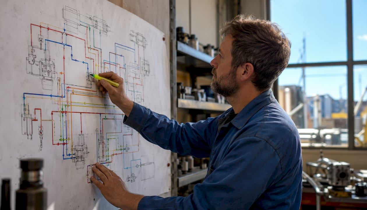 Hands pointing at hydraulic system diagram