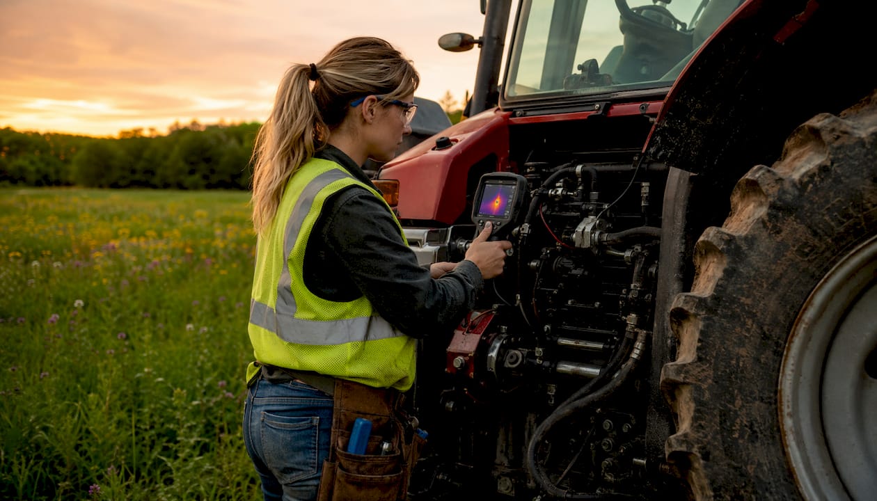 Technician using thermal camera on tractor hydraulics