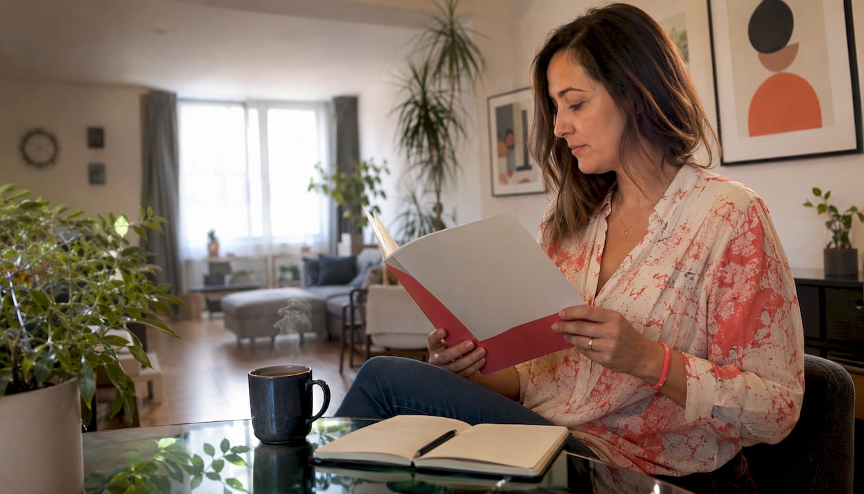 Un propriétaire Airbnb en train de rédiger son guide d’accueil, installé à la table du salon.