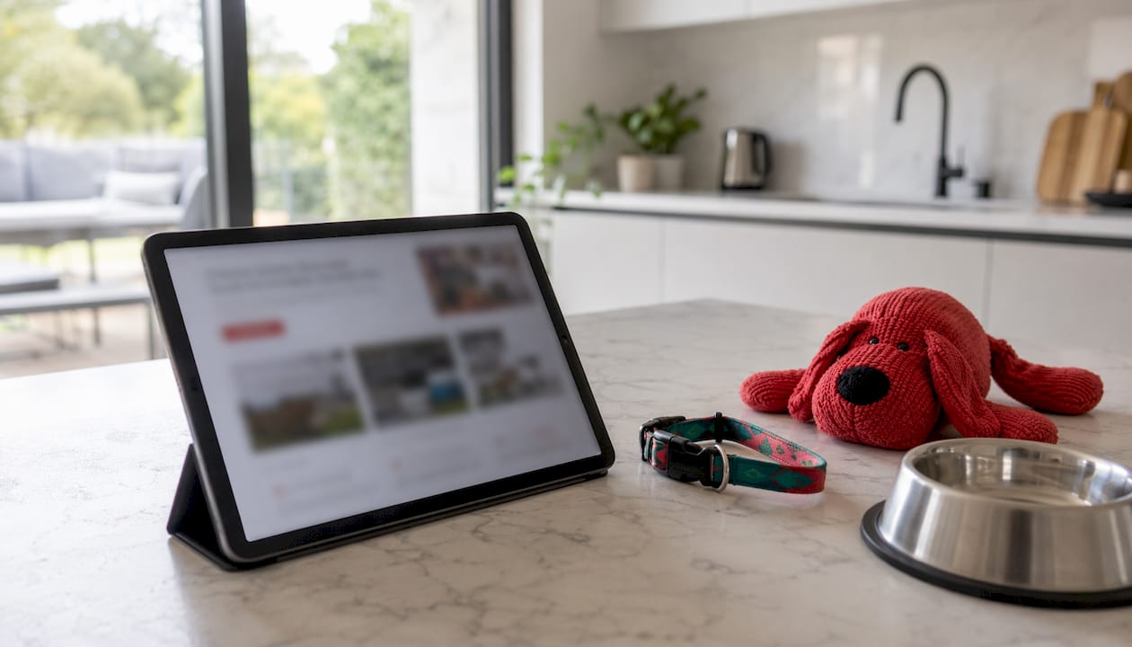 Table basse et accessoires pour animaux, idéals pour un intérieur lumineux