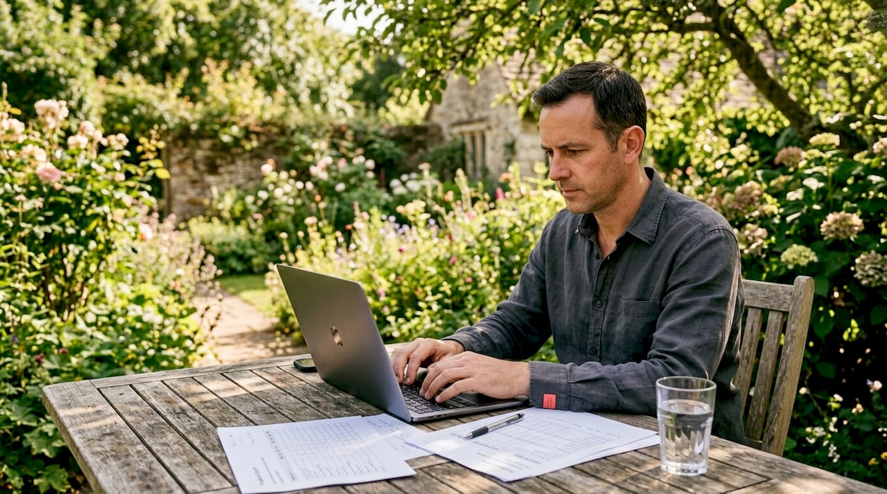 Des mains tapent sur un clavier d’ordinateur, à côté de fiches d’avis Airbnb posées sur la table.