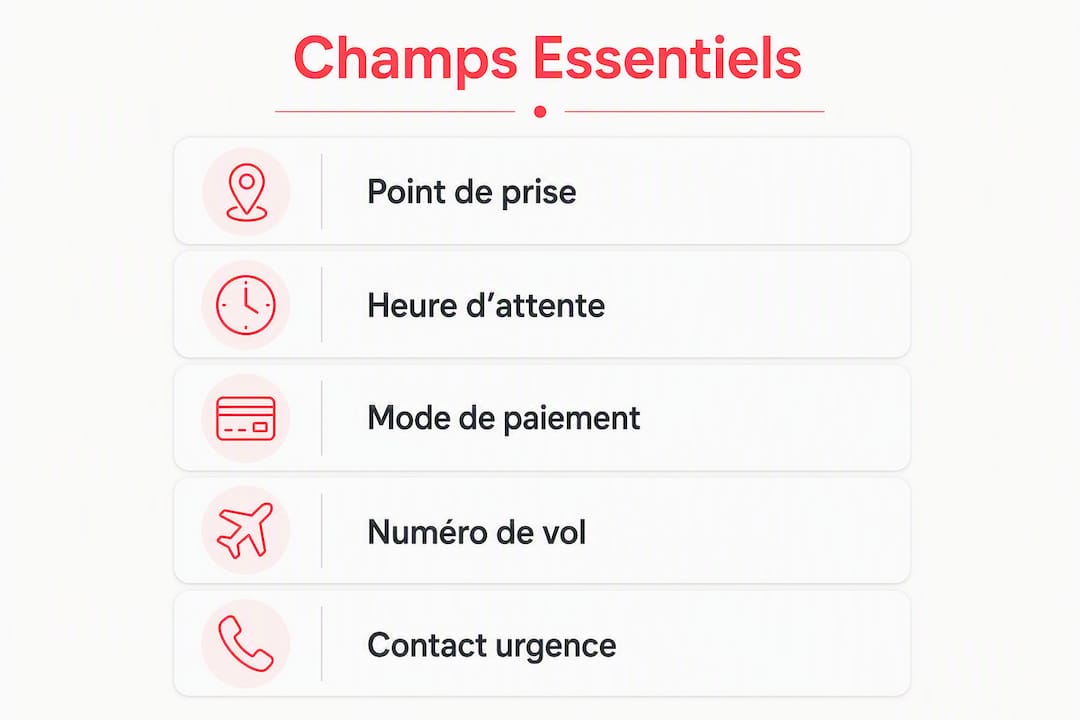 Présentation visuelle des informations indispensables pour réserver une navette vers l’aéroport
