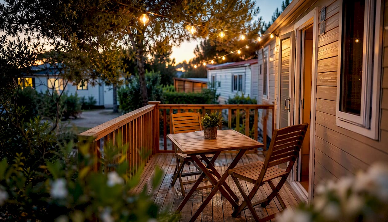 Terrasse de mobil-home illuminée par des lanternes au coucher du soleil