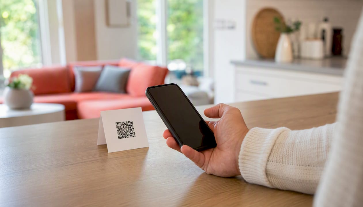 Une main scanne un QR code pour accéder au livret d’accueil