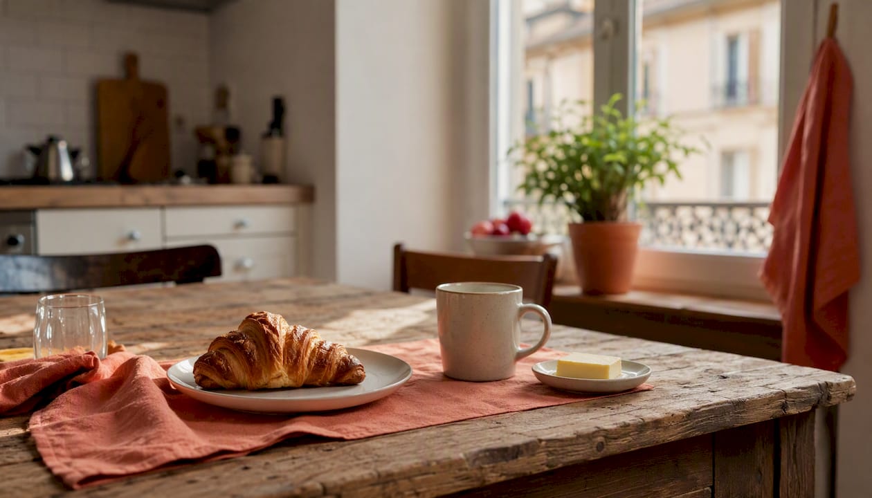 Un croissant tout juste sorti du four et une tasse de café posés sur la table pour bien commencer la journée.