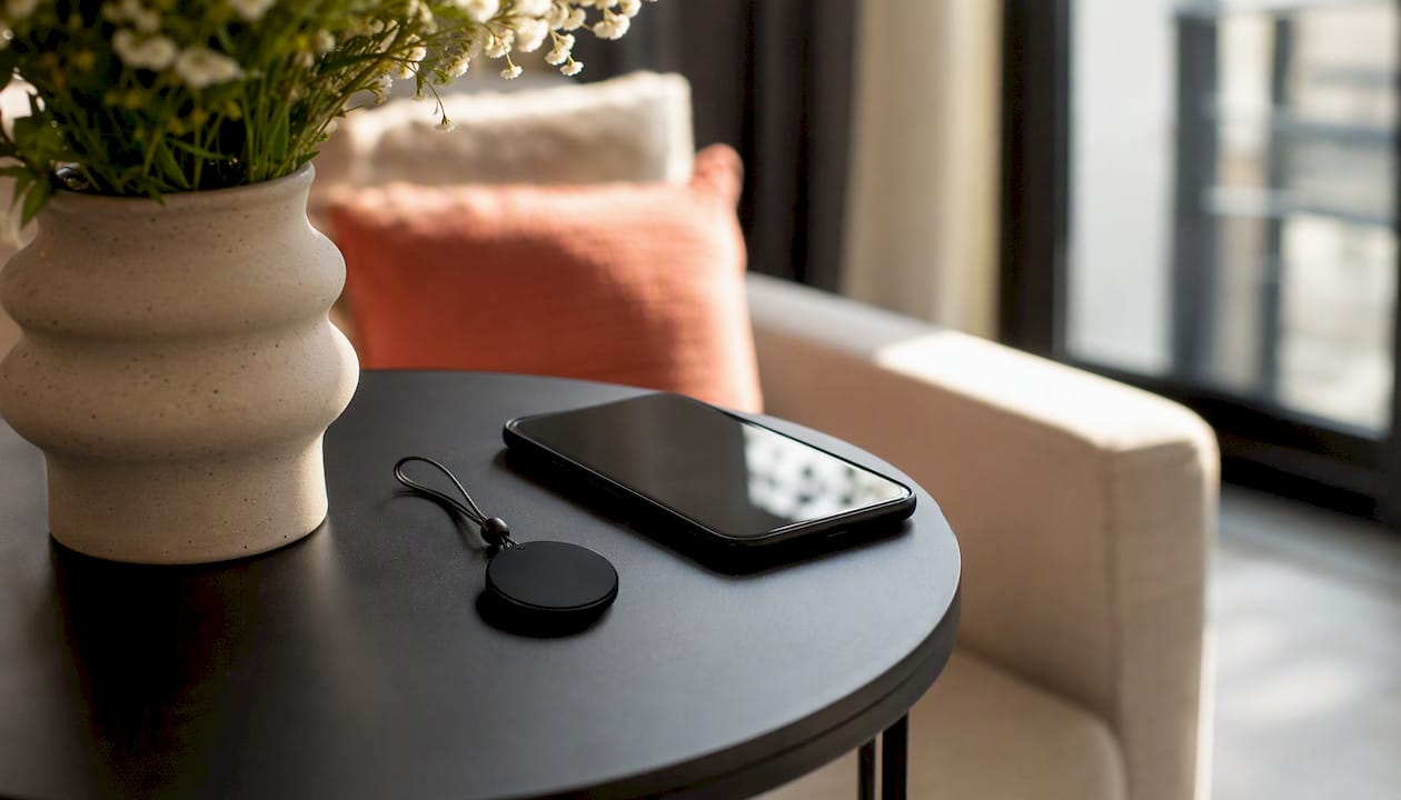 Un smartphone posé sur la table, à côté d’un dispositif NFC.