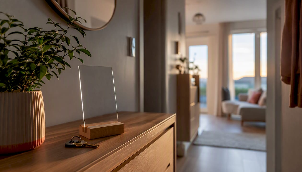 À l'entrée de l'Airbnb, un porte-clés et un support avec QR code sont à disposition.