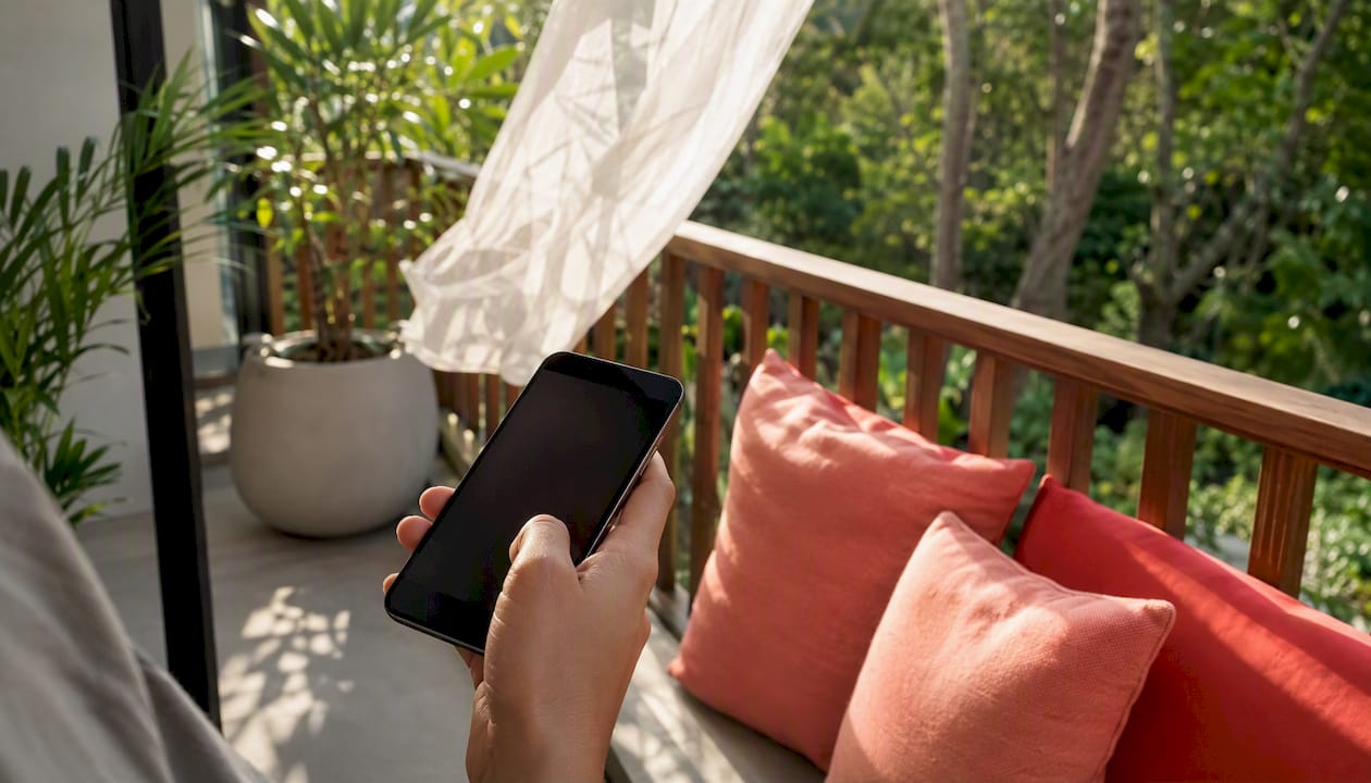 Un invité consulte son smartphone dans son hébergement.