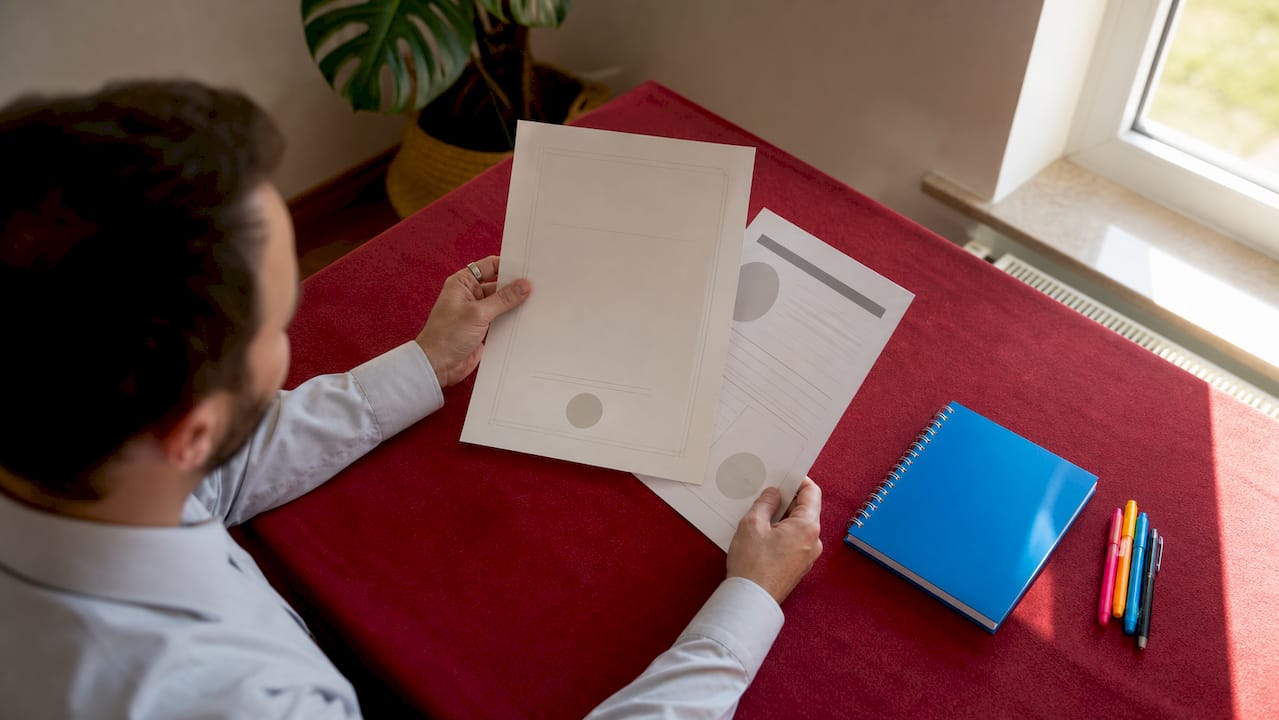 En medarbejder sidder ved sit skrivebord og gennemgår papirer med ISO 9001-certifikater.
