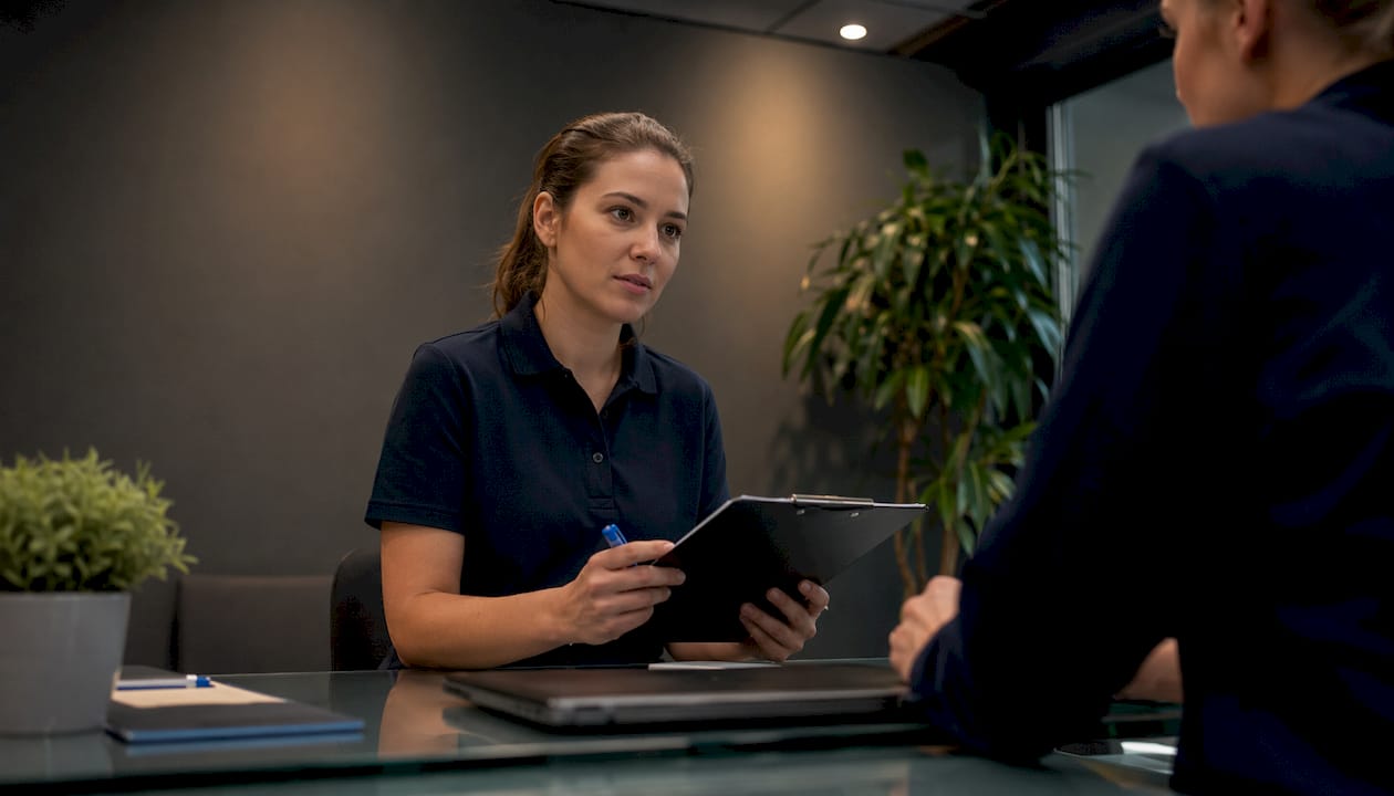 En kvinde står med et clipboard i hånden på et moderne kontor.