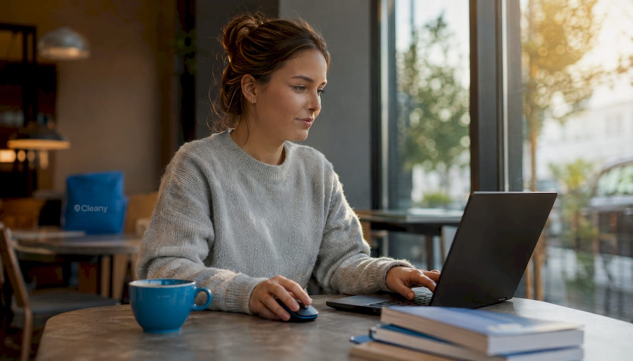 Fingre flyver hen over tastaturet på en bærbar computer i et moderne kontormiljø.