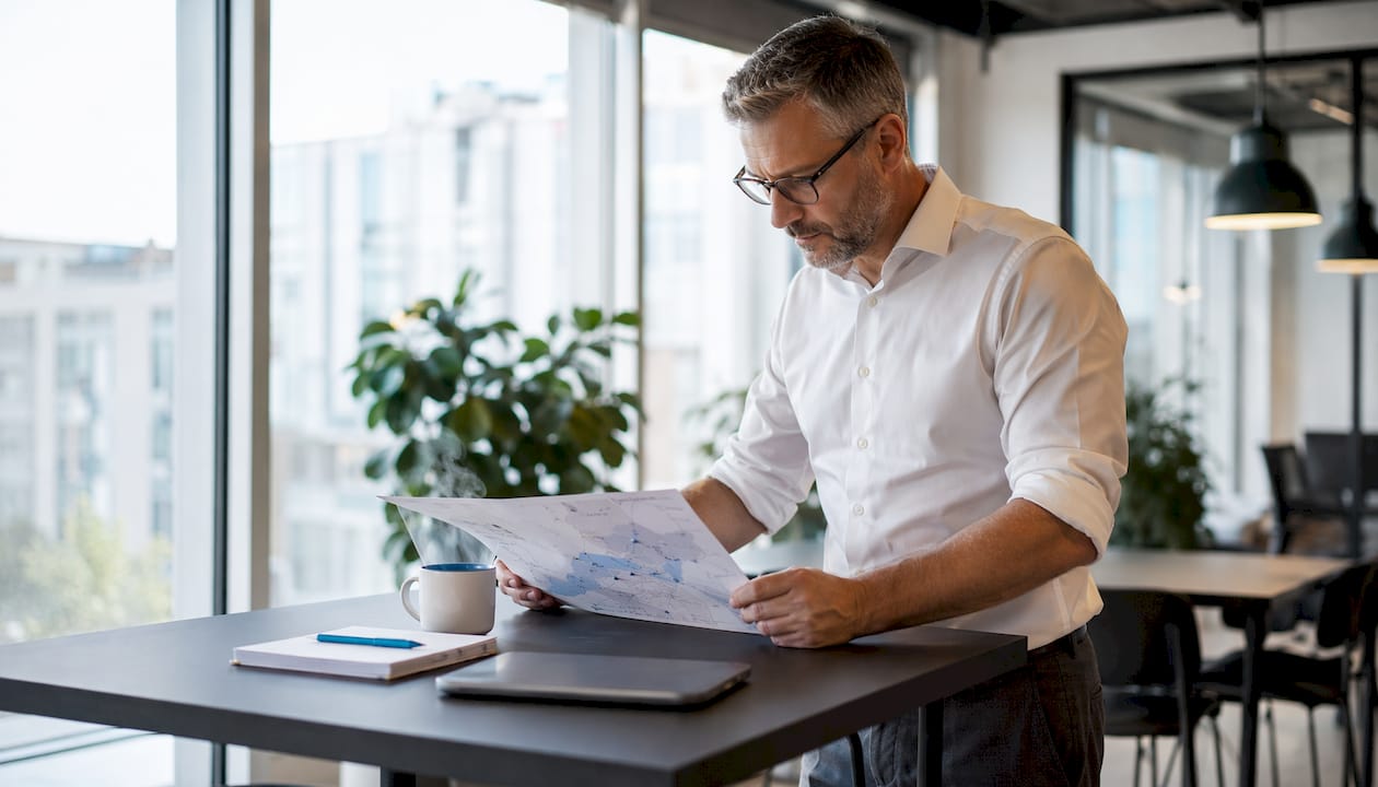 Rengøringsleder med arbejdsplan og tablet i hånden