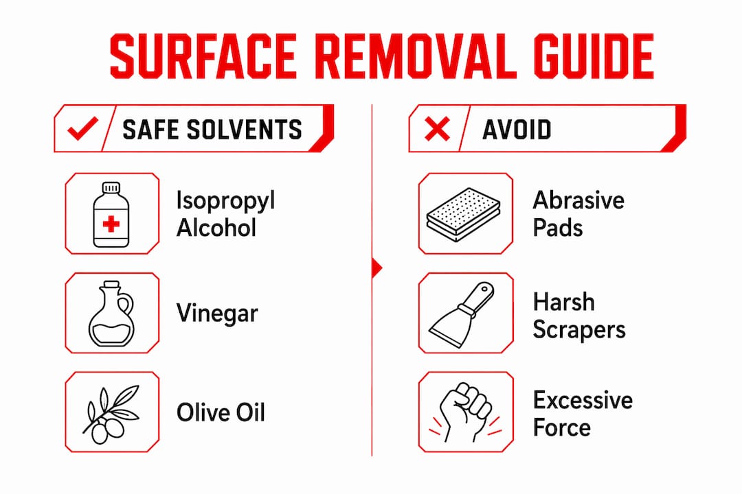 Infographic comparing safe solvents and actions to avoid