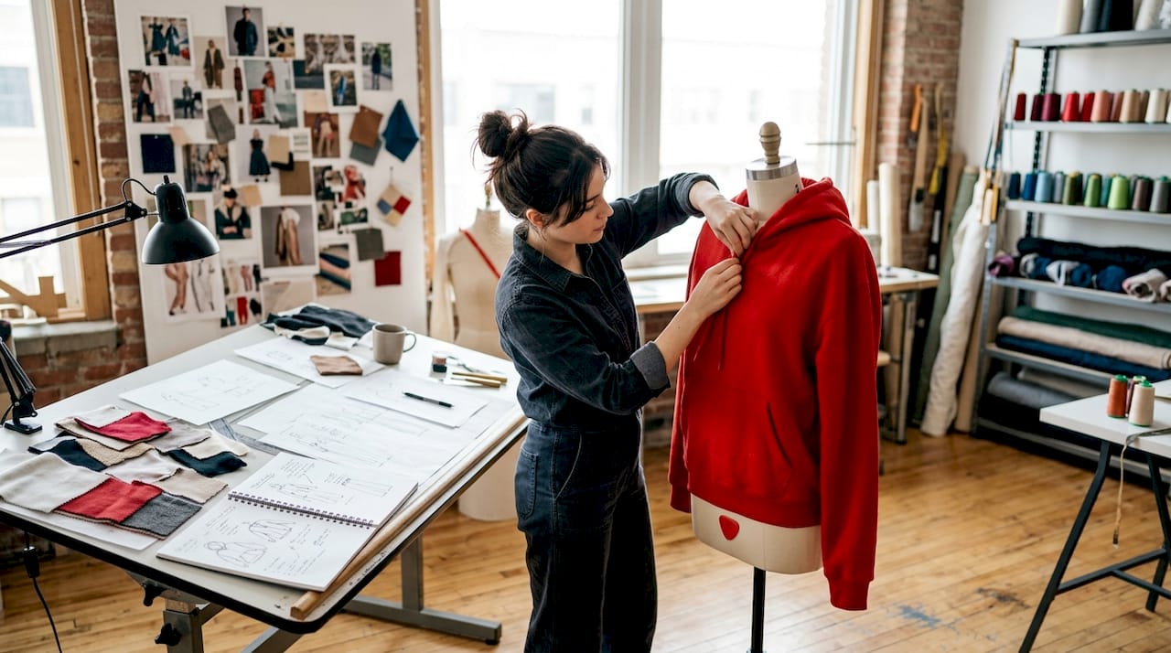 Designer working on hoodie fabric on mannequin