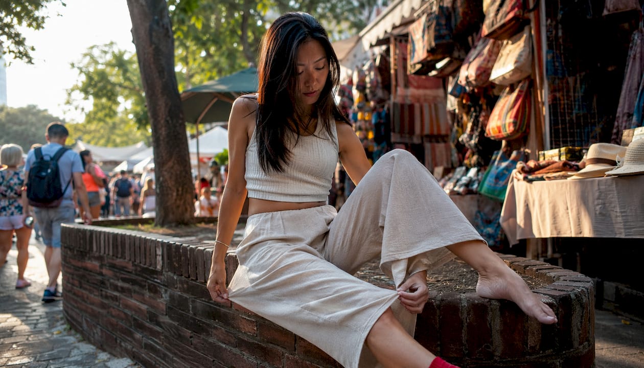 Asian woman modeling summer streetwear fabrics indoors