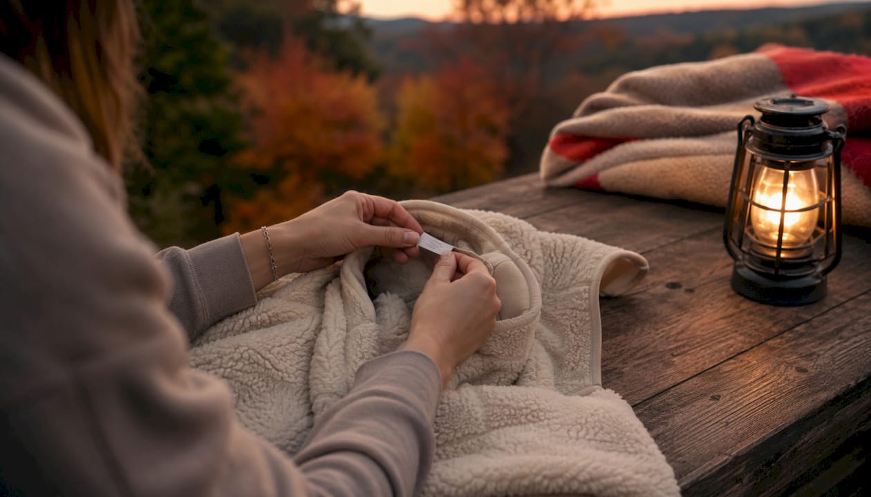 Hands reading care label on fleece hoodie
