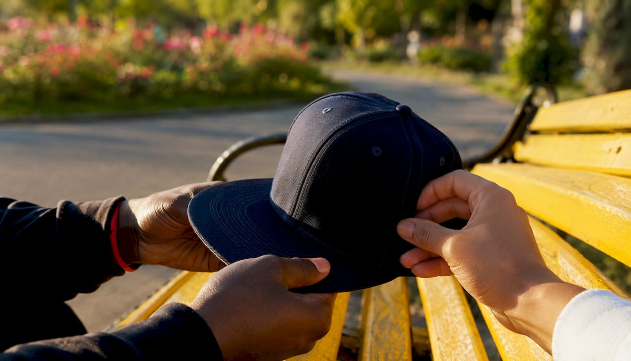 Hands adjusting fitted baseball cap in park