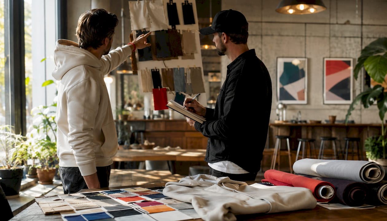 Two men comparing hoodie materials and samples indoors