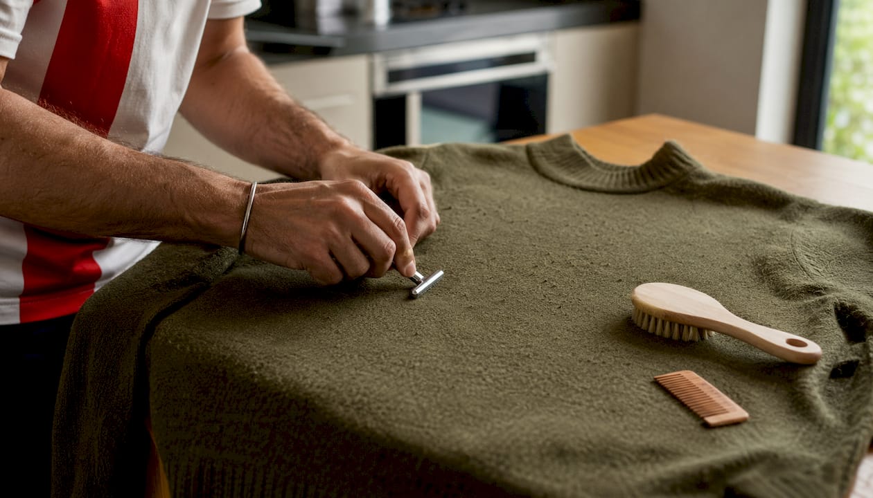 Hands removing pill with safety razor on wool sweater