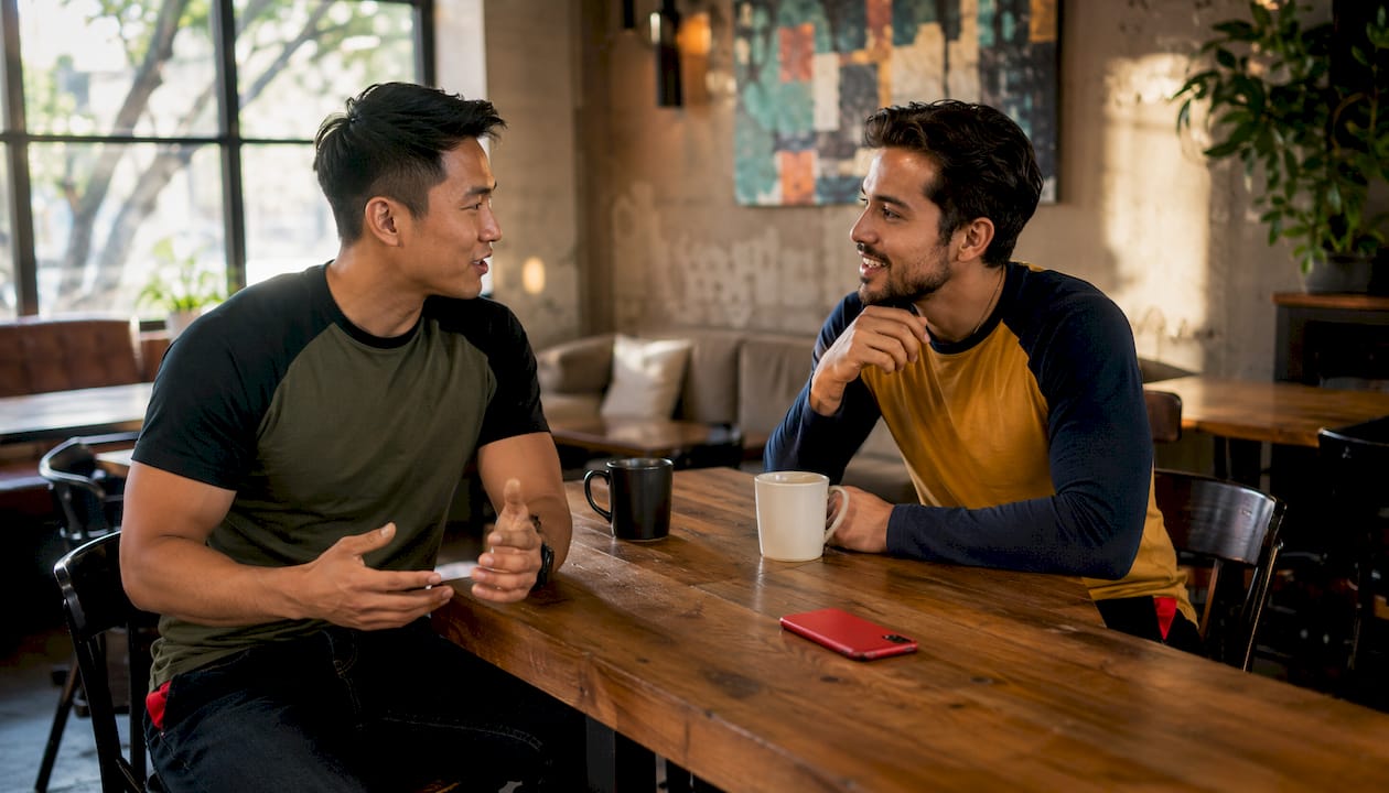 Two men wearing raglan shirts outdoors
