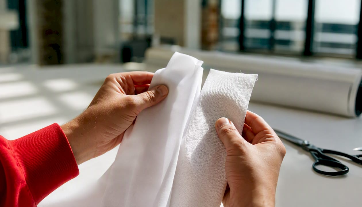 Hands comparing different t-shirt fabric swatches