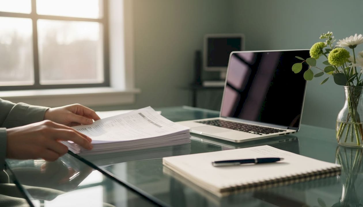 Hands marking medical documentation with pen
