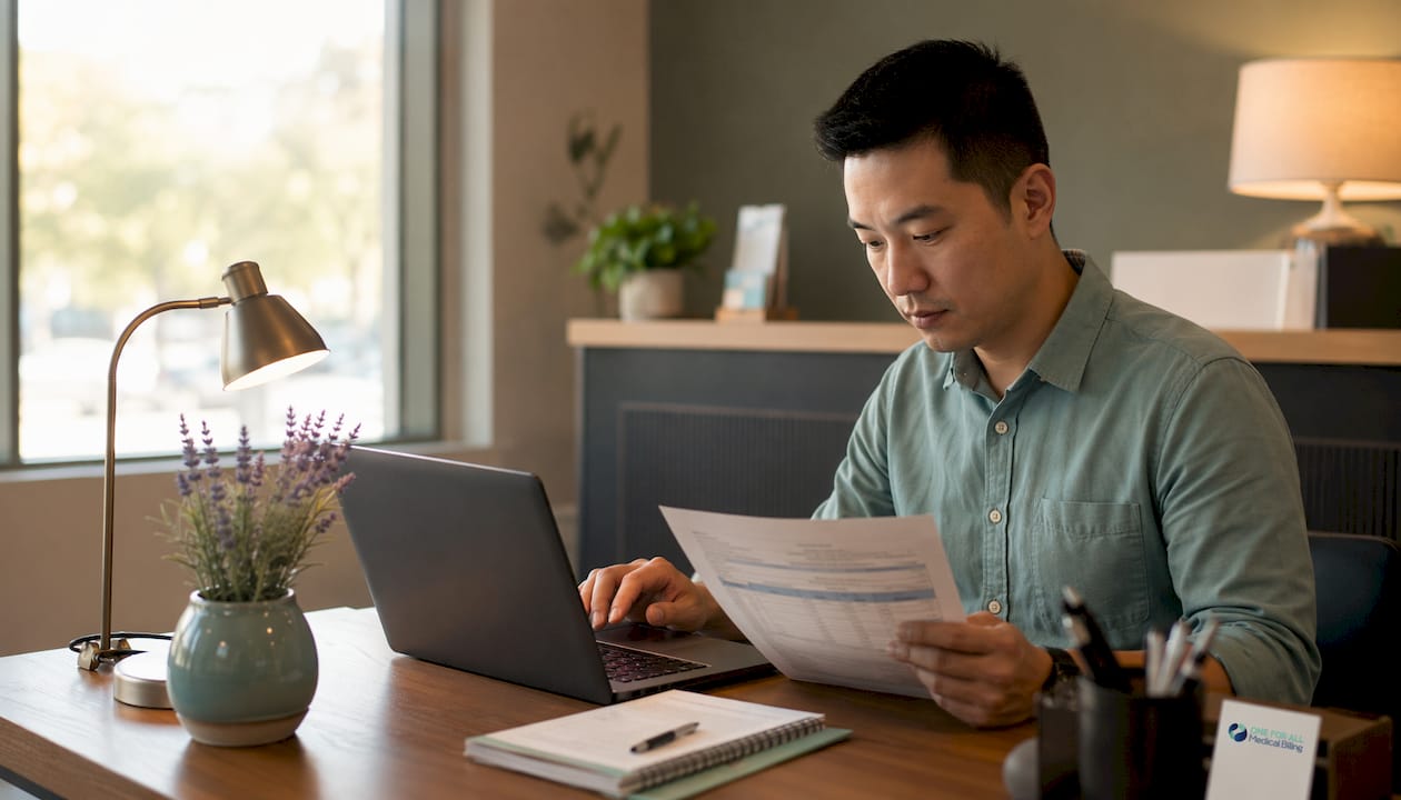 Receptionist performing patient financial clearance