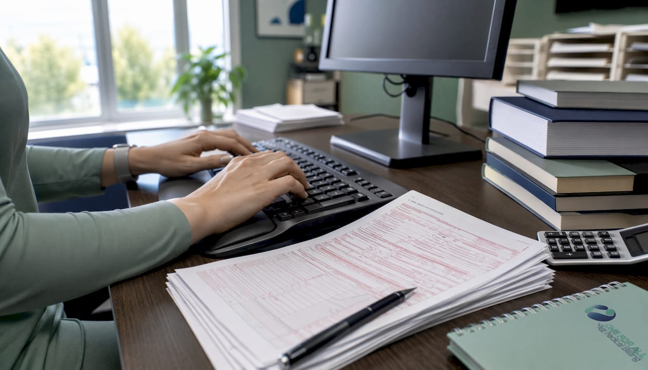 Hands typing place of service medical codes