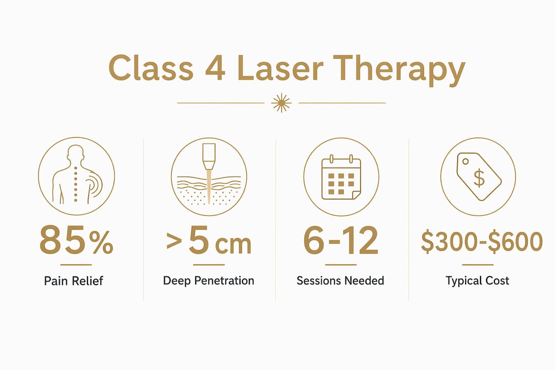 Infographic summarizing benefits and costs of class 4 laser therapy
