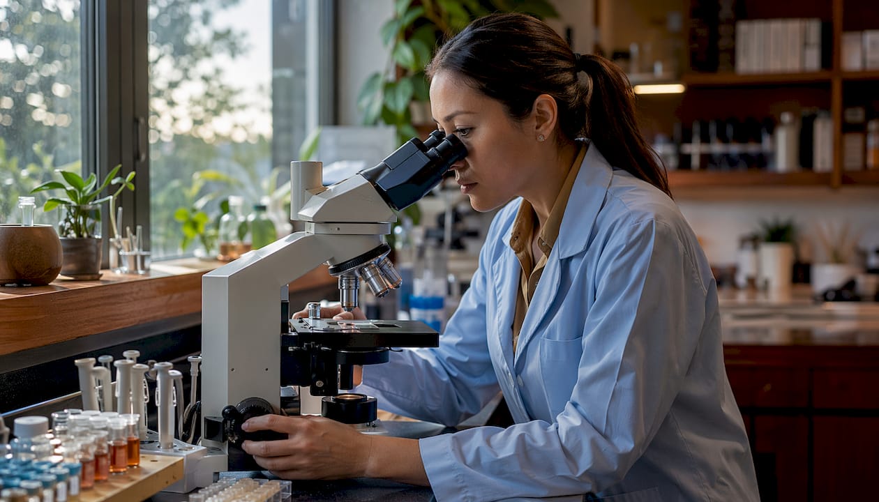 Scientist examining cellular samples in laser research lab