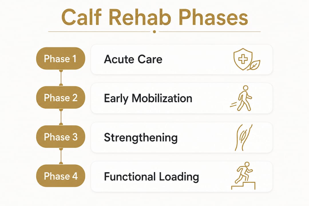 Infographic showing four phases of calf strain rehab step by step
