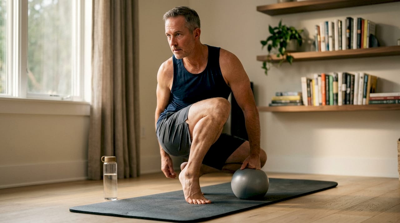 Man performing calf heel raise exercise in gym