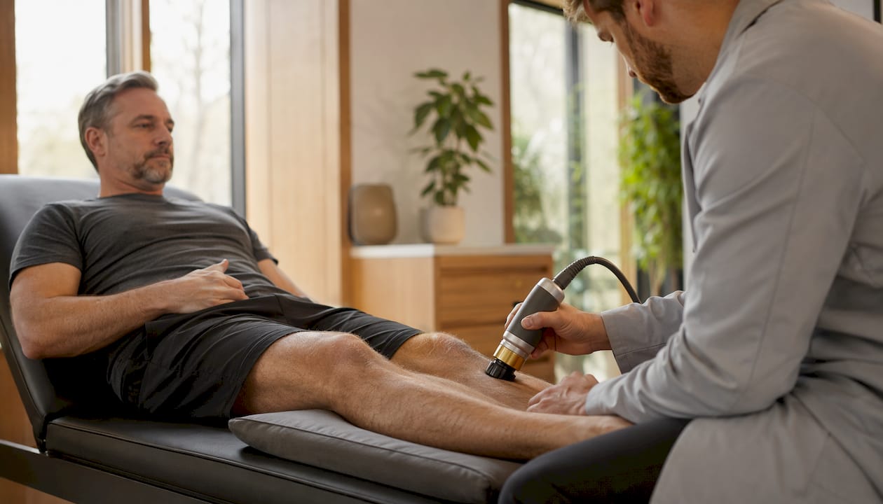 Close-up of shockwave treatment on leg