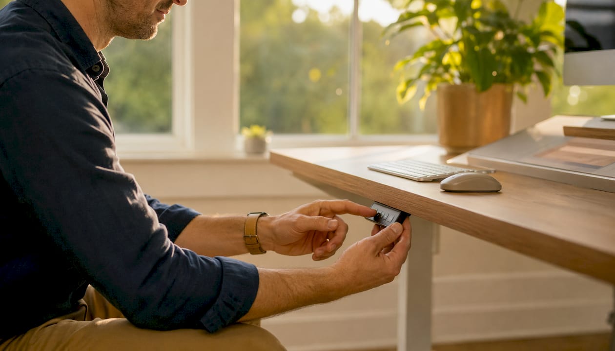 Close-up of hands adjusting sit-stand desk controls