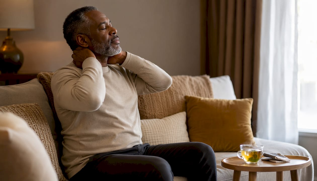 Man supporting neck carefully at table