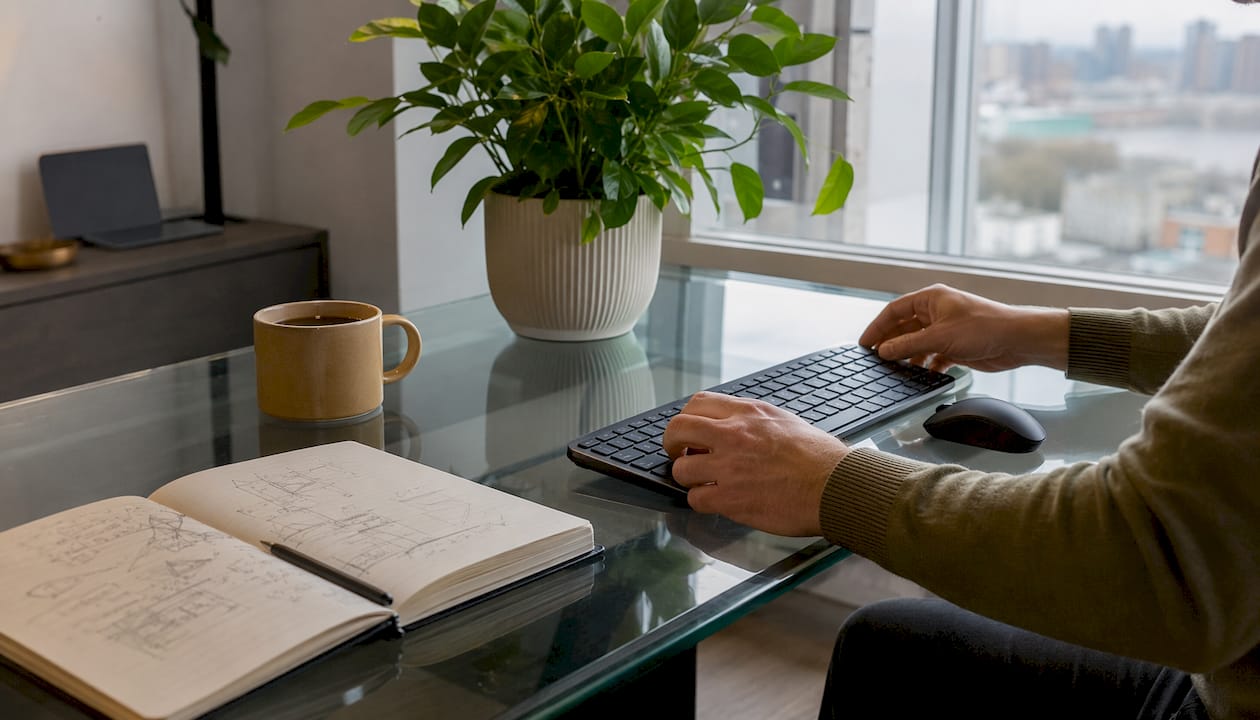 Close-up of hand placing keyboard and mouse ergonomically