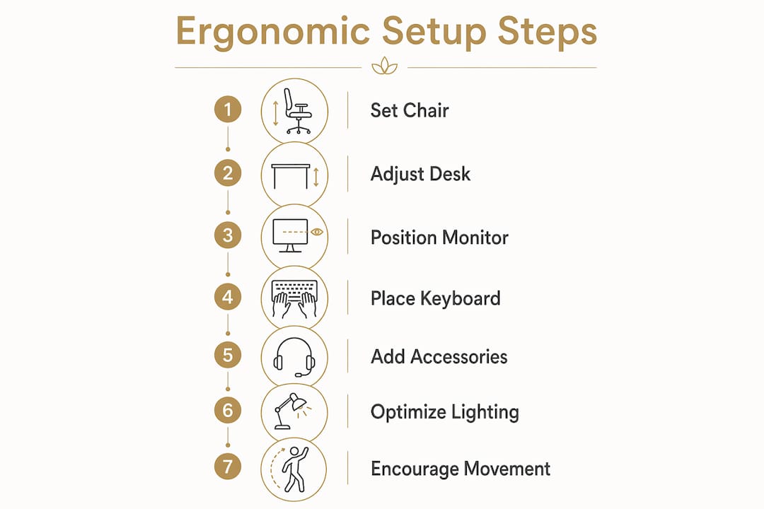Infographic with 7 ergonomic desk setup steps