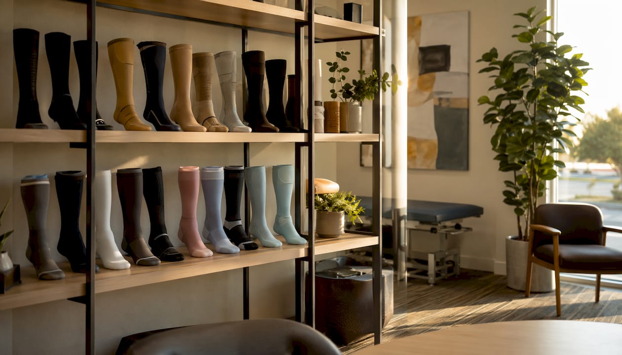 Variety of compression socks and sleeves on clinic shelf