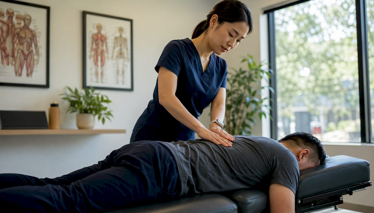 Chiropractor performing spinal adjustment on patient