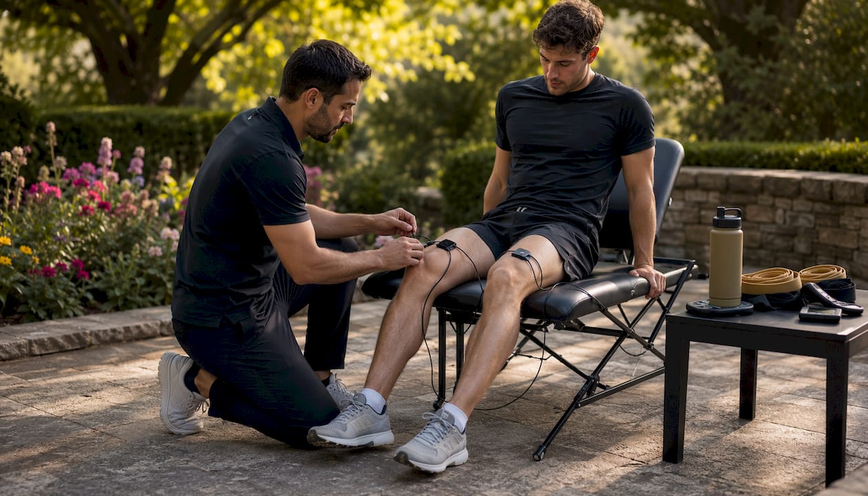 Patient receives EMS muscle stimulation in clinic
