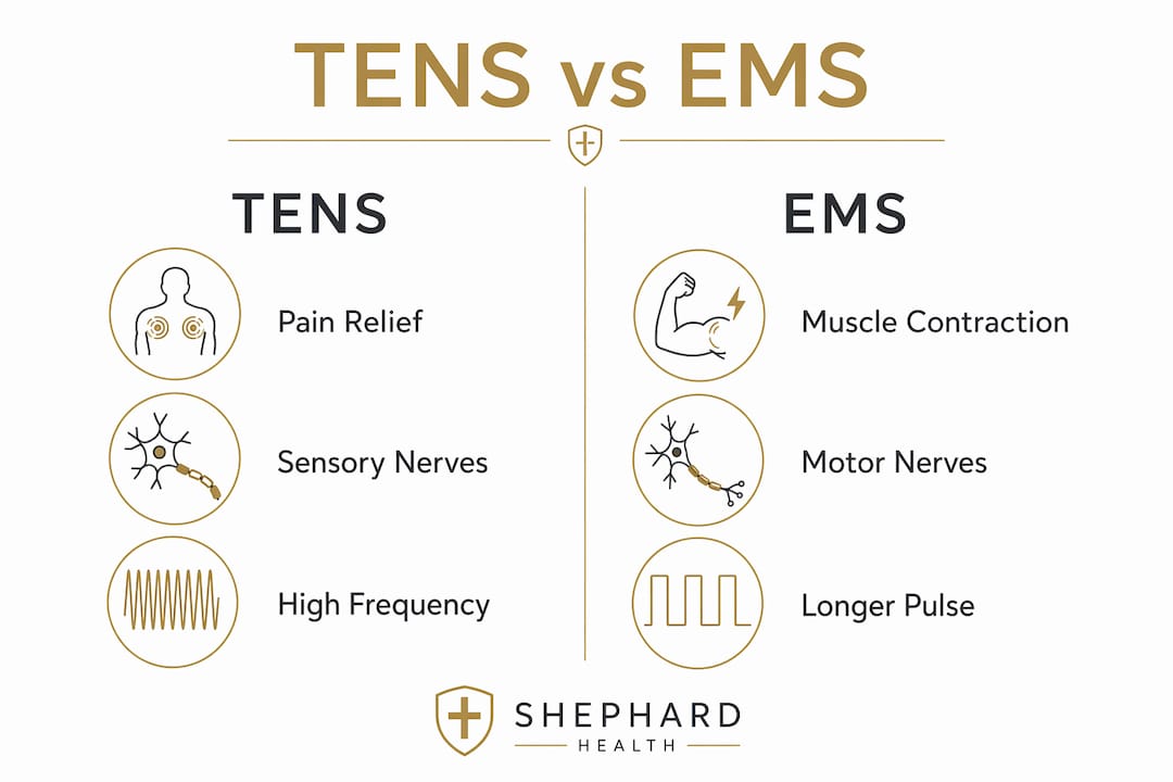 Infographic comparing TENS and EMS therapies side by side