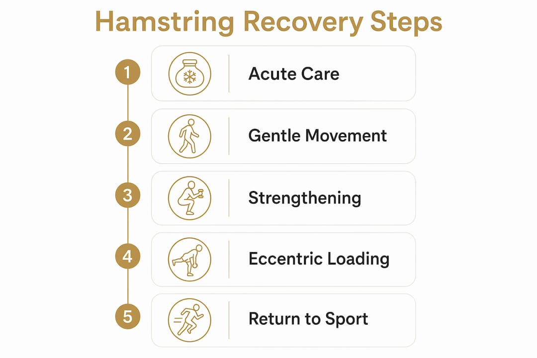 Infographic showing five progressive hamstring recovery steps
