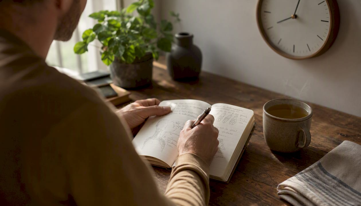 Hands writing neck pain symptom diary