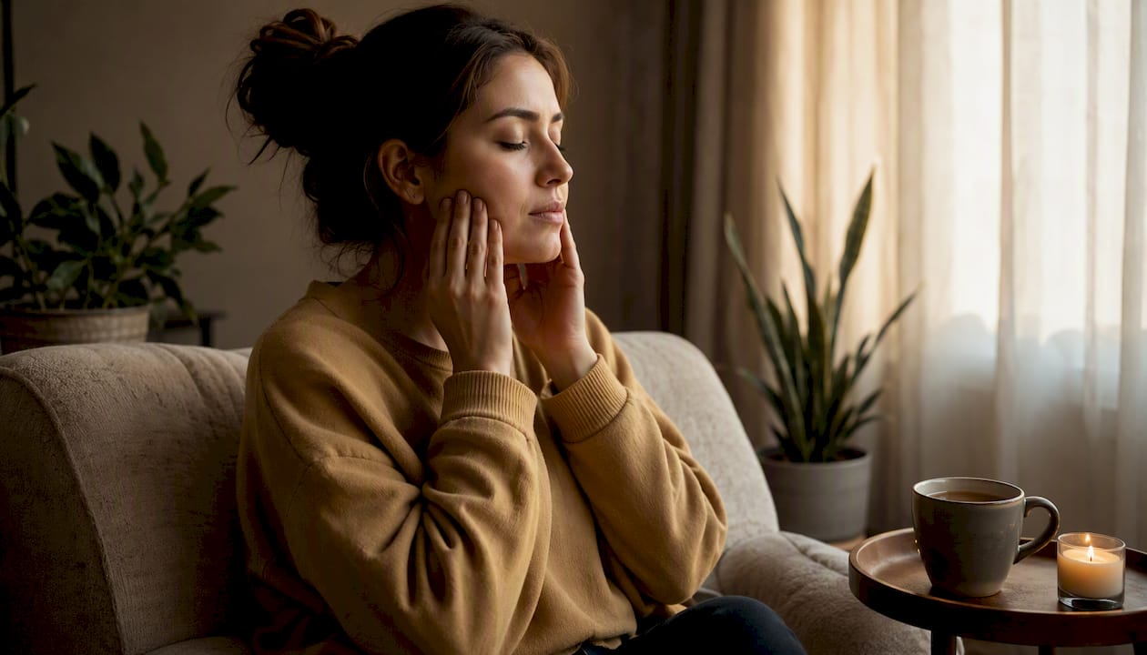 Hands gently holding cheeks for jaw self-care