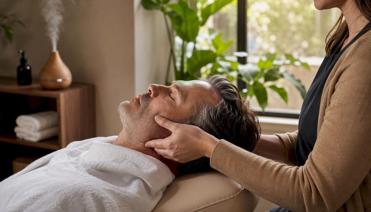 Therapist hands massaging patient jaw muscles