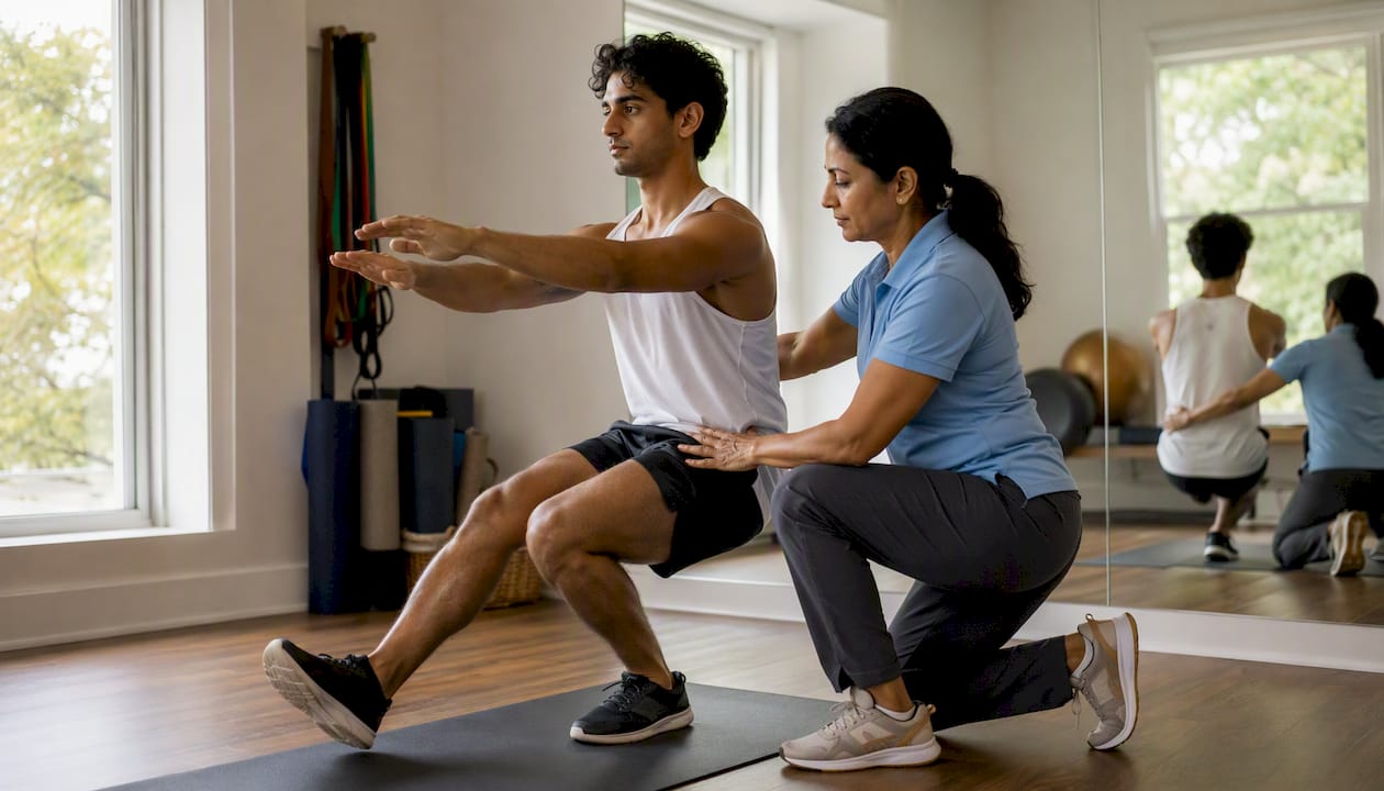 Therapist guiding single-leg squat exercise