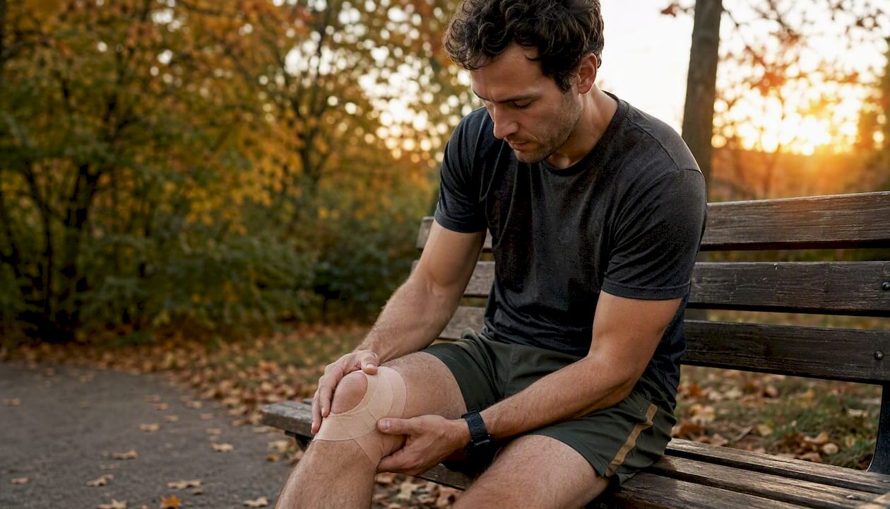 Close-up of runner's knee with patellar taping