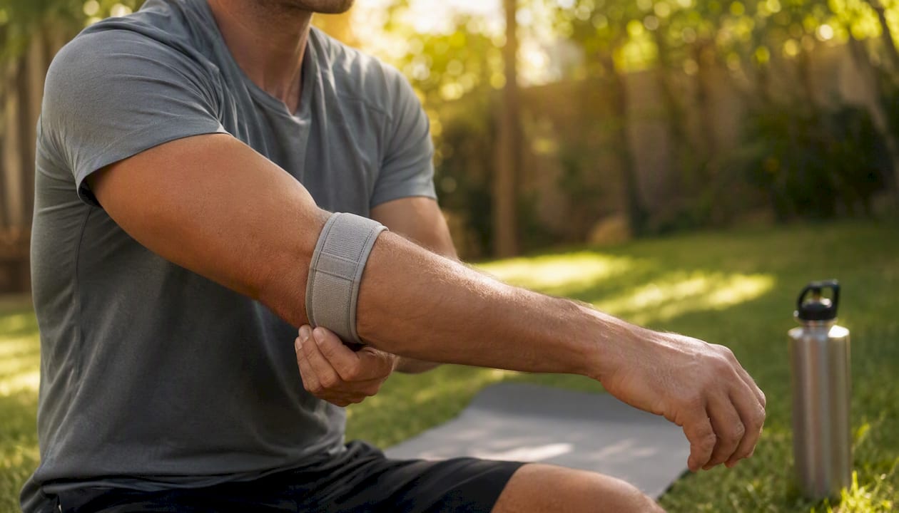 Forearm wearing tennis elbow counterforce strap